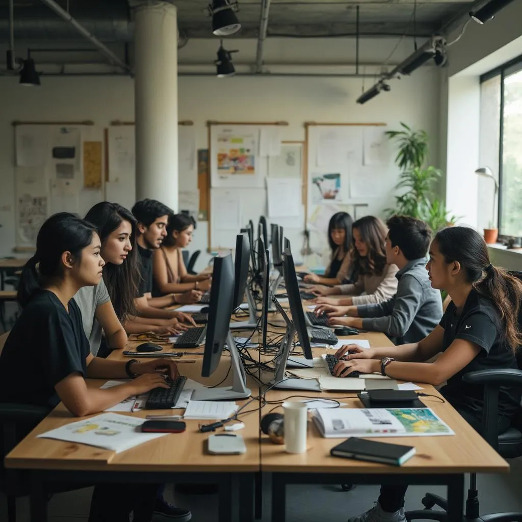 Estudiantes trabajando en proyectos digitales